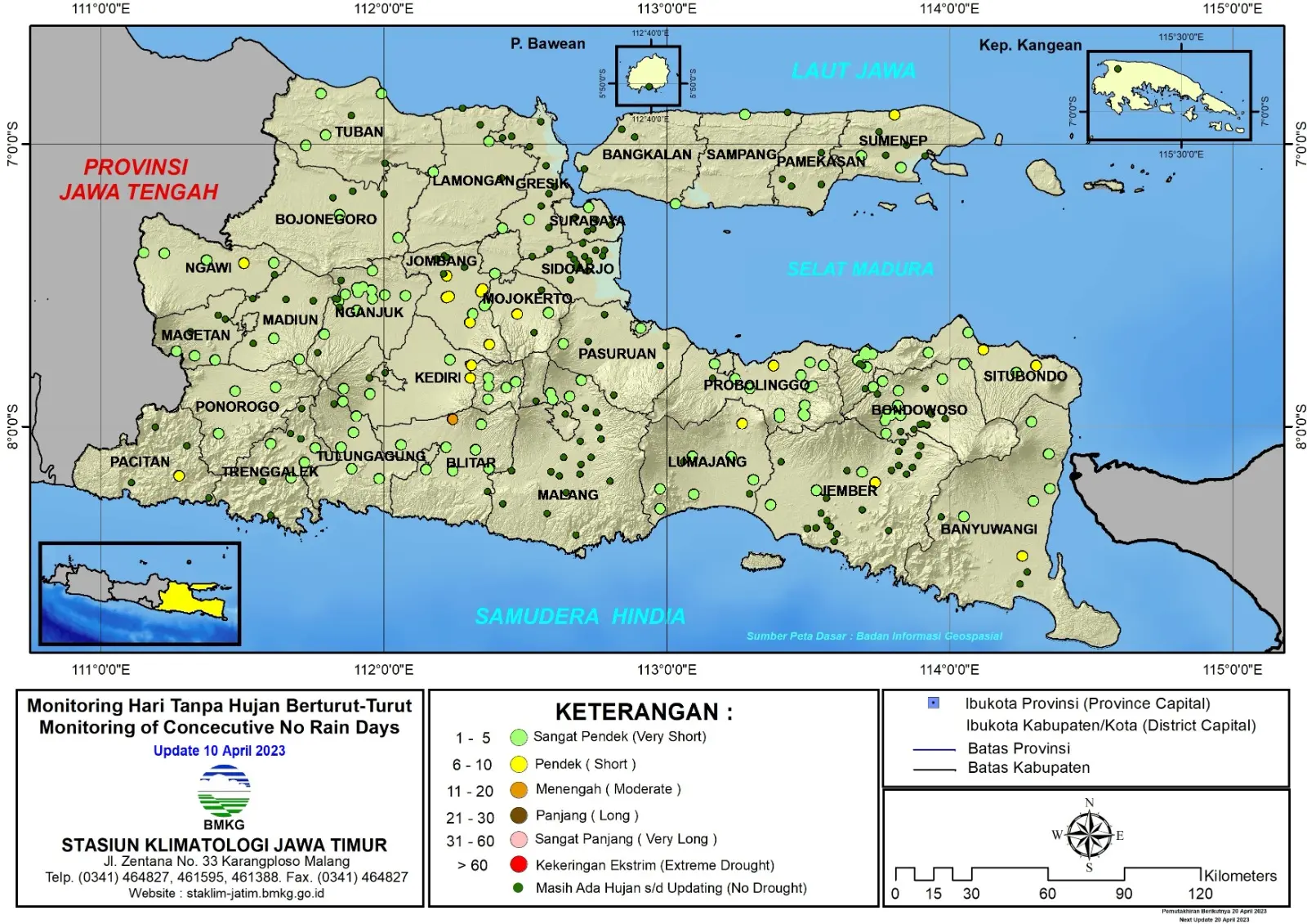 ( Analisis - Dasarian ) Monitoring Hari Tanpa Hujan Berturut-Turut Update 10 April Tahun 2023 di Provinsi Jawa Timur